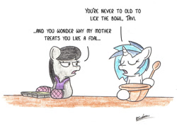 Size: 1024x729 | Tagged: safe, artist:bobthedalek, dj pon-3, octavia melody, vinyl scratch, earth pony, pony, unicorn, apron, baking, bowl, clothes, comic, duo, spoon, truth