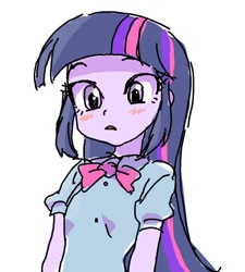 Size: 480x534 | Tagged: safe, artist:baekgup, derpibooru import, twilight sparkle, equestria girls, blushing, simple background, solo