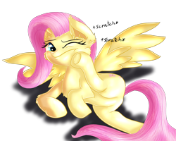 Size: 2500x2000 | Tagged: safe, artist:katakiuchi4u, fluttershy, pegasus, pony, behaving like a cat, lying down, on side, one eye closed, scratching, simple background, solo, spread wings, transparent background, wings