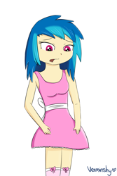 Size: 1000x1500 | Tagged: safe, artist:verminshy, dj pon-3, vinyl scratch, dress, humanized, solo