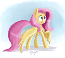 Size: 1016x907 | Tagged: safe, artist:mcmeg29, fluttershy, pegasus, pony, female, looking at something, looking up, raised hoof, solo, spread wings, wings