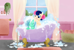 Size: 800x540 | Tagged: safe, artist:cherrypaintpony, bon bon, lyra heartstrings, sweetie drops, earth pony, pony, unicorn, adorabon, bath, bathtub, bipedal, bubble, bubble bath, claw foot bathtub, cute, eyes closed, female, happy, leaning, lesbian, lyrabetes, lyrabon, mare, mutual bathing, open mouth, pampering, relaxed, relaxing, shipping, smiling, soap, washing, water, wet mane