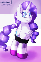 Size: 1500x2250 | Tagged: safe, artist:shad0w-galaxy, rarity, pony, unicorn, asexual, asexual pride flag, chest fluff, clothes, female, mare, patreon, patreon logo, pride, pride month, smiling, socks, solo, striped socks