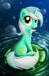 Size: 1218x1885 | Tagged: safe, artist:mrpudding701, lyra heartstrings, pony, unicorn, leaf, looking at you, smiling, solo, water