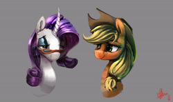 Size: 5057x3000 | Tagged: safe, artist:alumx, applejack, rarity, earth pony, pony, unicorn, absurd resolution, cowboy hat, duo, glasses, hat, looking at each other, photoshop, signature, stetson