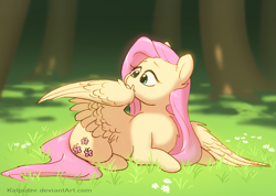 Size: 2048x1455 | Tagged: safe, artist:katputze, fluttershy, pegasus, pony, chest fluff, cute, grass, preening, prone, shyabetes, solo, spread wings, wings