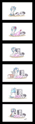 Size: 475x1680 | Tagged: safe, artist:bobthedalek, dj pon-3, octavia melody, vinyl scratch, earth pony, pony, unicorn, blanket, cardboard cutout, comic, duo, female, prank, sleeping, speaker