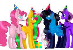 Size: 1024x703 | Tagged: safe, artist:saramicro, pinkie pie, oc, oc:micro song, oc:sandy, earth pony, pegasus, pony, unicorn, colored pupils, female, hat, magic, mare, party hat, party horn, present, raised hoof, simple background, white background