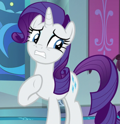 Size: 701x720 | Tagged: safe, screencap, rarity, pony, unicorn, the beginning of the end, cropped, female, looking to side, mare, nervous, raised hoof, sideways glance, solo