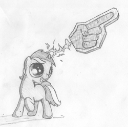 Size: 1647x1641 | Tagged: safe, artist:onsaud, lyra heartstrings, filly, foam finger, hand, magic, sketch, solo