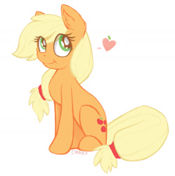 Size: 1024x1028 | Tagged: safe, artist:cyanyeh, applejack, earth pony, pony, cute, ear fluff, hatless, heart, missing accessory, sitting, solo