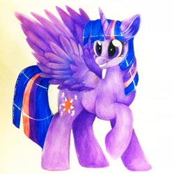 Size: 1876x1876 | Tagged: safe, artist:thedumbestdeers, derpibooru import, twilight sparkle, twilight sparkle (alicorn), alicorn, pony, female, mare, raised hoof, smiling, solo, spread wings, traditional art