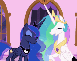 Size: 1020x812 | Tagged: safe, screencap, princess celestia, princess luna, alicorn, pony, a royal problem, animated, cropped, cute, female, gif, hoof shoes, laughing, laughingmares.jpg, looking at each other, lunabetes, mare, raised hoof, royal sisters, sitting, swapped cutie marks