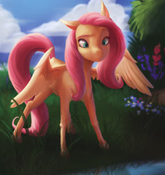 Size: 1917x2028 | Tagged: safe, artist:starblaze25, fluttershy, pegasus, pony, cloud, cross-eyed, cute, female, flower, grass, looking at something, looking down, mare, shyabetes, sky, solo, spread wings, water, wings