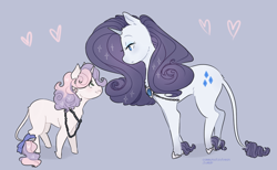 Size: 890x550 | Tagged: safe, artist:cxpreolus, artist:maykitz, rarity, sweetie belle, classical unicorn, pony, unicorn, bow, butt fluff, chest fluff, cloven hooves, cute, diasweetes, duo, ear fluff, female, filly, heart, jewelry, leg fluff, leonine tail, looking at each other, mare, necklace, no pupils, profile, purple background, raribetes, siblings, simple background, sisters, tail bow, unshorn fetlocks