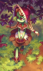 Size: 2605x4311 | Tagged: safe, artist:holivi, granny smith, anthro, adorasmith, bonnet, clothes, cute, daily deviation, solo, tree, young granny smith, younger