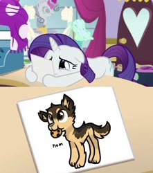 Size: 1056x1197 | Tagged: safe, artist:rainbow eevee, edit, edited screencap, screencap, rarity, dog, pony, unicorn, forever filly, canterlot carousel, cookie, exploitable, female, food, german shepherd, hoof hold, mare, meme, nom, rarity's photo, solo, teary eyes