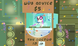 Size: 900x533 | Tagged: safe, artist:pixelkitties, edit, edited screencap, screencap, dj pon-3, vinyl scratch, equestria girls, equestria girls (movie), booth, confetti, lucy's advice booth, parody, peanuts, speakers, wub