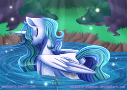 Size: 1050x750 | Tagged: safe, artist:calamity-studios, princess celestia, alicorn, pony, bath, eyes closed, female, grass, lake, mare, outdoors, pond, scenery, smiling, solo, watermark, wet