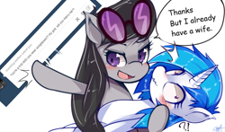 Size: 1188x700 | Tagged: safe, artist:hua, dj pon-3, octavia melody, vinyl scratch, earth pony, pony, ask, ask trolltavia, blushing, female, lesbian, scratchtavia, shipping, sunglasses, tumblr