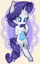 Size: 1556x2492 | Tagged: safe, artist:boogiebirch, rarity, pony, unicorn, big ears, bipedal, curved horn, horn, sewing, solo, sparkles