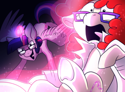 Size: 1280x944 | Tagged: safe, artist:pixel-prism, derpibooru import, twilight sparkle, twilight sparkle (alicorn), twist, alicorn, pony, clothes, female, glasses, lab coat, magic, mare, older, open mouth, smirk, spread wings, twilight sparkle's secret shipfic folder, wide eyes