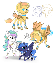 Size: 1024x1182 | Tagged: safe, artist:loryska, princess celestia, princess luna, oc, oc:caelus, alicorn, bat pony, bat pony alicorn, pony, cewestia, cloven hooves, colt, female, filly, male, woona, younger