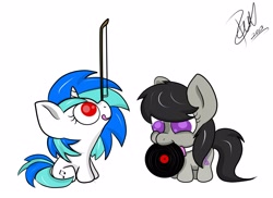 Size: 2563x1861 | Tagged: safe, artist:vet2b, dj pon-3, octavia melody, vinyl scratch, earth pony, pony, bow (instrument), chibi, cute, filly, mouth hold, record, tongue out, younger