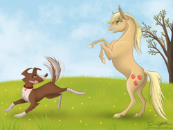 Size: 2048x1536 | Tagged: safe, artist:perle-de-suie, applejack, winona, earth pony, pony, hoers, rearing