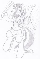 Size: 500x735 | Tagged: safe, artist:evangle, dj pon-3, vinyl scratch, anthro, glowstick, monochrome, simple background, solo, traditional art, white background