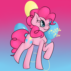 Size: 800x800 | Tagged: safe, artist:bloody--baliey, pinkie pie, earth pony, pony, colored pupils, cutie mark, cutie mark background, ear fluff, gradient background, one eye closed, raised hoof, raised leg, signature, smiling, solo, wink