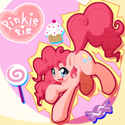 Size: 2000x2000 | Tagged: safe, artist:ragurimo, pinkie pie, earth pony, pony, candy, cupcake, cute, diapinkes, food, heart, lollipop, looking at you, open mouth, raised hoof, smiling, solo