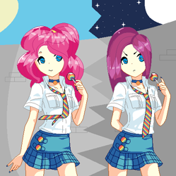 Size: 467x469 | Tagged: safe, artist:nekokochan123, pinkie pie, human, candy, choker, clothes, cute, day, duality, food, humanized, lollipop, necktie, night, pinkamena diane pie, plaid, shirt, skirt