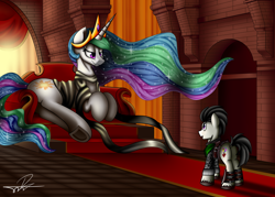 Size: 3150x2250 | Tagged: safe, artist:supermoix, princess celestia, oc, oc:pipe dream, alicorn, earth pony, pony, butt, dark souls, female, flowing mane, gwynevere, male, mare, plot, praise the sun, princess of sunlight, resting, stallion