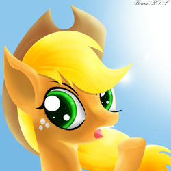 Size: 2000x2000 | Tagged: safe, applejack, earth pony, pony, bust, colored pupils, happy, light, portrait, solo