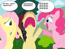 Size: 2824x2156 | Tagged: safe, artist:eagc7, fluttershy, pinkie pie, oc, oc:curly fries, earth pony, pegasus, pony, annoyed, dialogue, excited, text, worried