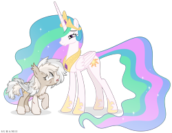 Size: 6296x4856 | Tagged: safe, artist:suramii, princess celestia, oc, oc:cuddy, alicorn, bat pony, pony, absurd resolution, bat pony oc, open mouth, simple background, socks (coat marking), transparent background