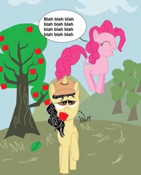 Size: 802x996 | Tagged: safe, artist:eagc7, pinkie pie, oc, oc:curly fries, earth pony, pony, annoyed, apple, dialogue, food, jumping, text, tree