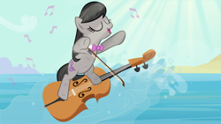 Size: 1920x1080 | Tagged: safe, artist:adcoon, octavia melody, earth pony, pony, cello, musical instrument, ocean, solo, surfing, wet