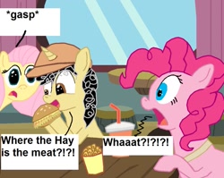 Size: 1025x815 | Tagged: safe, artist:eagc7, fluttershy, pinkie pie, oc, oc:curly fries, earth pony, pegasus, pony, burger, comic, cup, dialogue, drink, food, hamburger, hat, hay burger, text