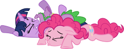 Size: 3575x1414 | Tagged: safe, artist:porygon2z, derpibooru import, pinkie pie, spike, twilight sparkle, dragon, earth pony, pony, eyes closed, gritted teeth, on back, pile, pony pile, pouting, prone, simple background, transparent background, vector