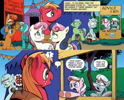 Size: 1062x863 | Tagged: safe, artist:andypriceart, idw, big macintosh, bon bon, diamond tiara, lyra heartstrings, silver spoon, sweetie drops, twinkleshine, earth pony, pegasus, pony, spoiler:comic09, andy you magnificent bastard, big macintosh gets all the mares, bonmac, charles m schulz, charlie brown, cheese, diamond tiara's bad advice, glasses, lip bite, lucy's advice booth, male, peanuts, sitting lyra, smelly, stallion, style emulation, twinklemac