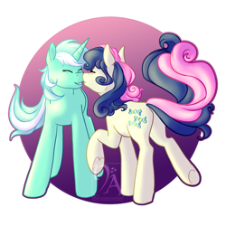 Size: 1500x1500 | Tagged: safe, artist:starkindlerstudio, bon bon, lyra heartstrings, sweetie drops, earth pony, pony, unicorn, boop, eyes closed, female, lesbian, lyrabon, nose wrinkle, noseboop, nuzzling, shipping, smiling, underhoof, watermark