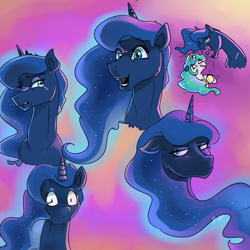 Size: 2000x2000 | Tagged: safe, artist:mylittlegodzilla, princess celestia, princess luna, alicorn, pony, bust, female, mare, one eye closed, open mouth, smiling