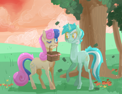 Size: 1280x989 | Tagged: safe, artist:ellamred, bon bon, lyra heartstrings, sweetie drops, earth pony, pony, unicorn, autumn, female, lesbian, looking at each other, lyrabon, mouth hold, one eye closed, picnic, raised hoof, shipping, smiling, tree, unshorn fetlocks