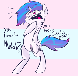 Size: 1040x1024 | Tagged: safe, dj pon-3, vinyl scratch, pony, ask-djhorsie, bipedal, earbuds, metal, music, solo