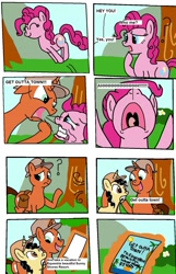 Size: 1192x1846 | Tagged: safe, artist:eagc7, pinkie pie, oc, oc:curly fries, pony, bald, comic, confused, dialogue, jumping, magic, nose in the air, paper, parody, scared, screaming, spongebob squarepants, text, that's no lady, tree, yelling