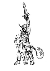 Size: 565x800 | Tagged: dead source, safe, artist:hiroshi-tea, rarity, classical unicorn, human, unicorn, cloven hooves, female, helmet, horn, horned helmet, human male, humans riding ponies, leonine tail, male, mare, monochrome, riding, simple background, sketch, sword, unshorn fetlocks, viking, viking helmet, weapon, white background