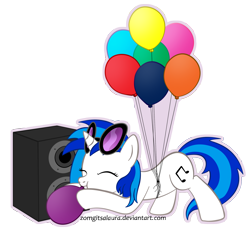 Size: 2156x1992 | Tagged: safe, artist:zomgitsalaura, dj pon-3, vinyl scratch, pony, unicorn, balloon, blowing up balloons, female, mare, solo, speakers