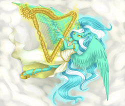 Size: 2659x2256 | Tagged: safe, artist:misukitty, lyra heartstrings, alicorn, anthro, unguligrade anthro, alicornified, clothes, cropped, female, glowing horn, harp, horn, lyracorn, magic, mare, musical instrument, race swap, solo, spread wings, telekinesis, wings